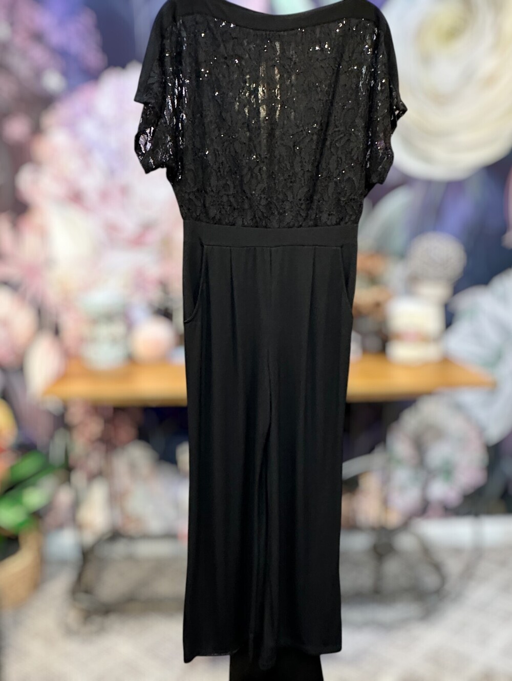 Ronni Nicole 8 Black Sequin Lace Wide Leg Stretch Jumpsuit Evening Glam Back Zip